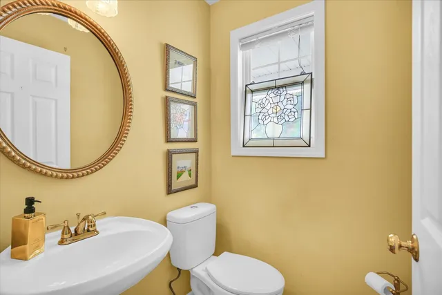 a bathroom with a toilet a sink and a mirror