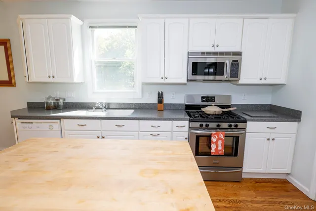 a kitchen with stainless steel appliances granite countertop a stove a sink and a microwave