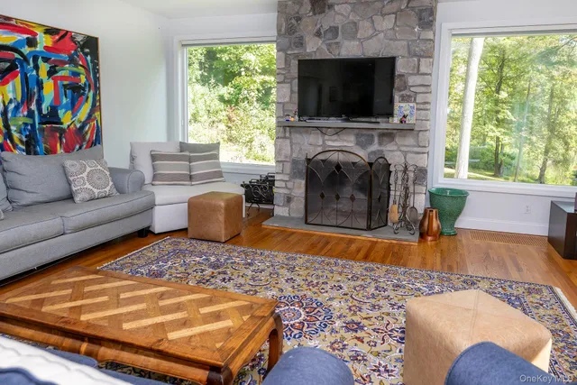 a living room with furniture a flat screen tv and a fireplace