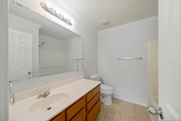 a bathroom with a sink vanity and a toilet