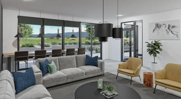 a living room with furniture fireplace and a large window