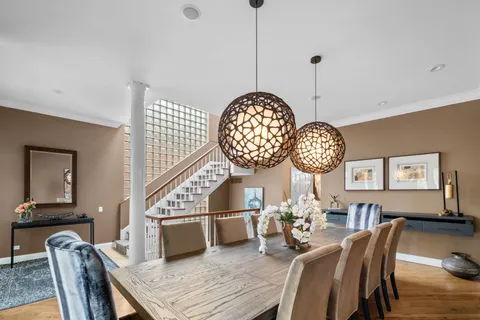 a view of a dining room with furniture