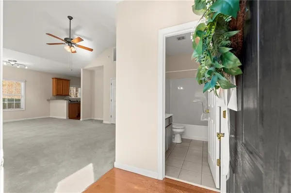 a view of a hallway with a potted plant