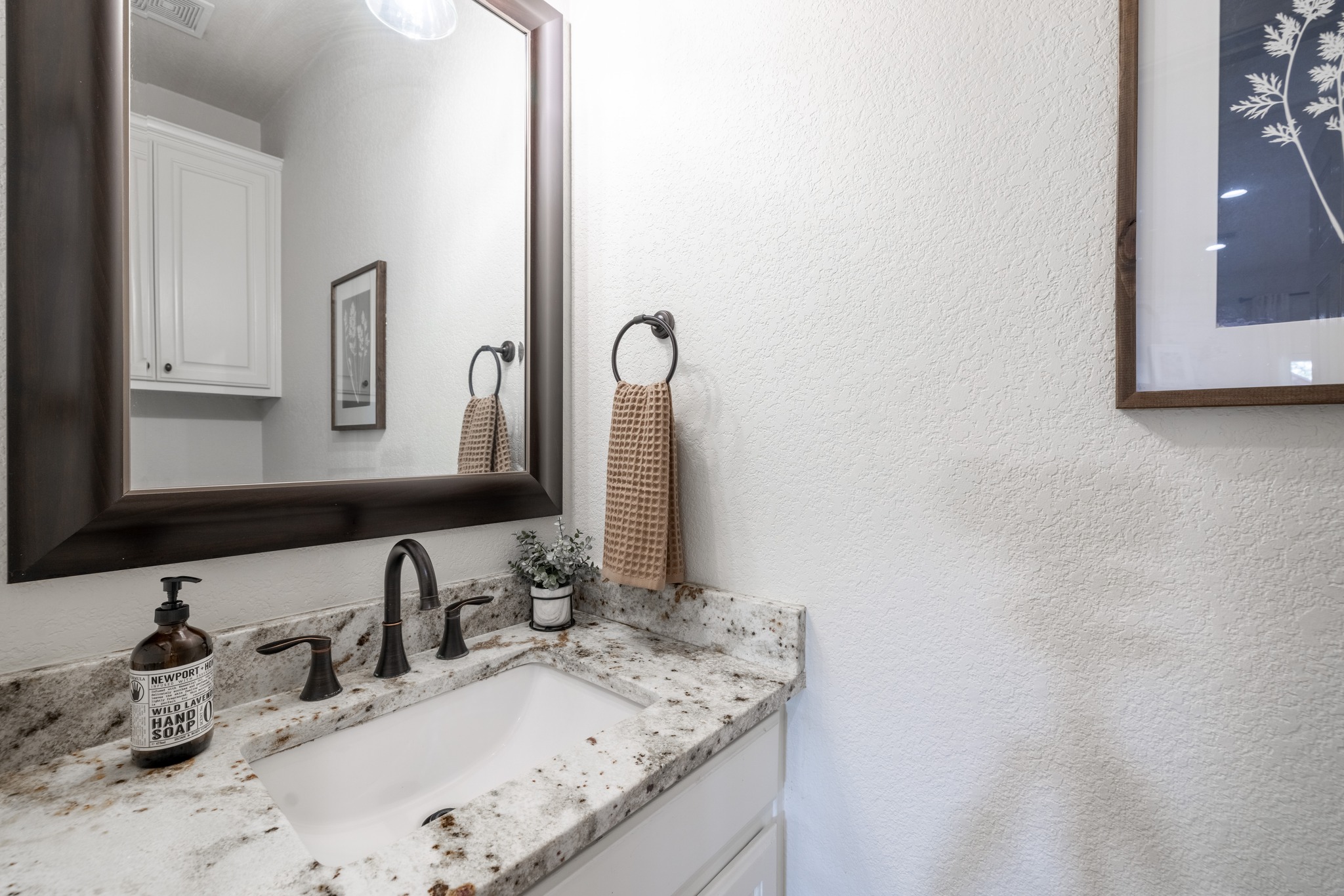 108 Kyle Lane Georgetown, TX 78633 - Photo 17 of 26 Vanity featuring a white undermount sink, speckled countertop, and bronze-finish faucet