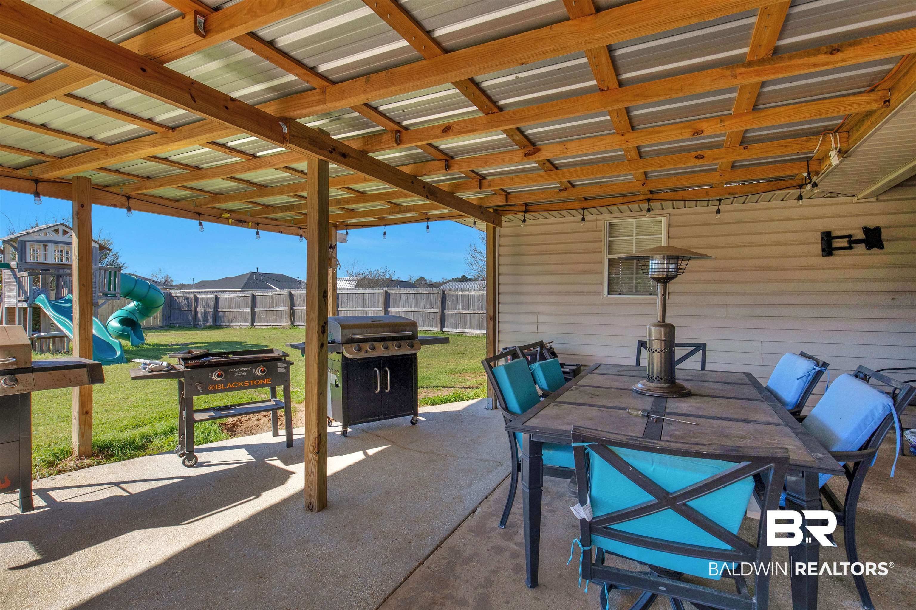 4950 Clealand Court Mobile, AL 36695 - Photo 15 of 20 View of patio featuring outdoor dining space, a playground, a grill, and fence
