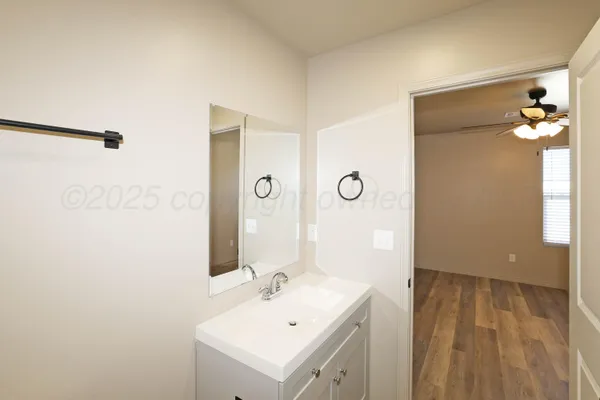 a bathroom with a sink a mirror and a shower