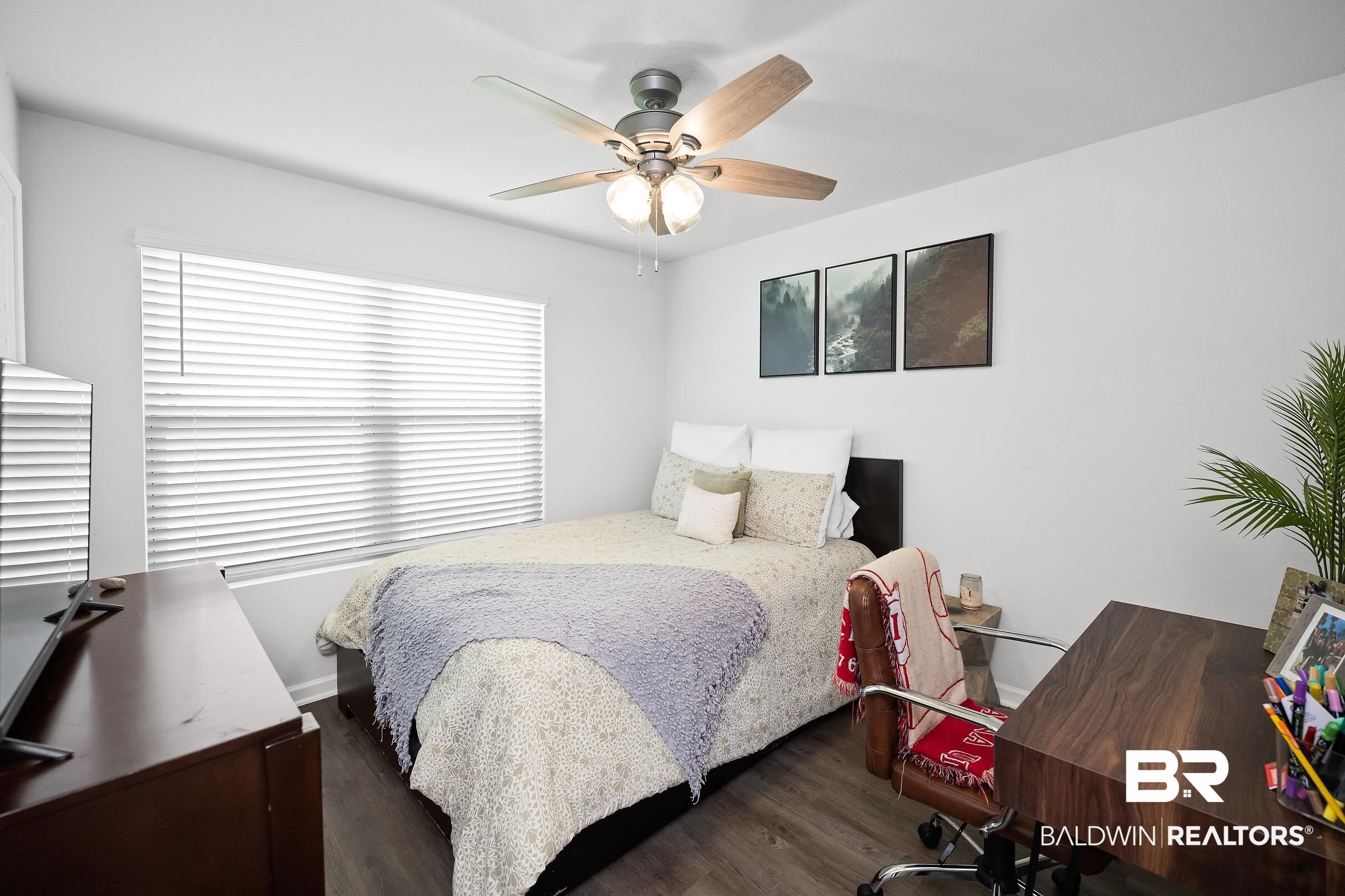32030 Terranova Loop Lillian, AL 36549 - Photo 28 of 30 Bedroom featuring wood-finish flooring, a large window with horizontal blinds, and a ceiling fan with integrated lighting