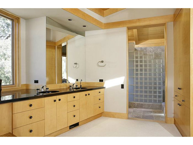 150 Farm Road Woodside, CA 94062 - Photo 13 of 19 a bathroom with a granite countertop sink a mirror and a shower