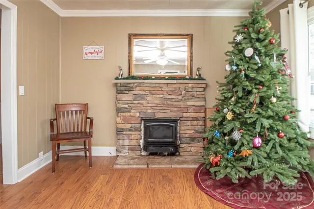 a living room with a fireplace and a potted plant