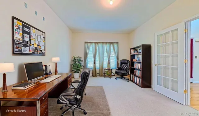 a view of a dining room with furniture