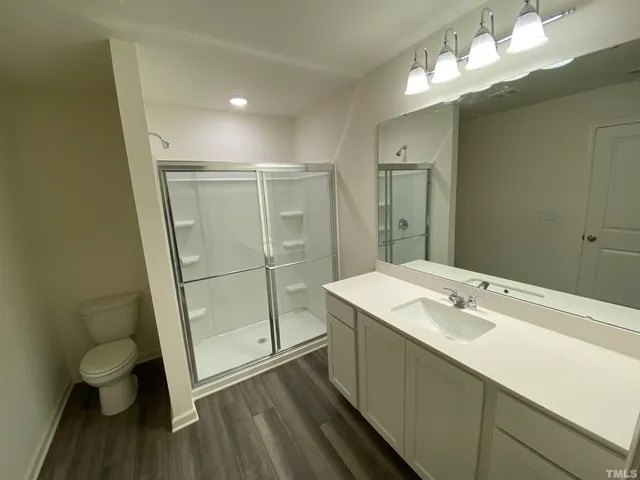 a bathroom with a sink a toilet a mirror and shower