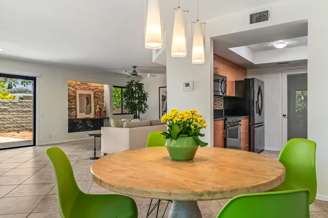 a view of a dining room with furniture