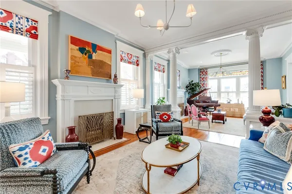 a view of a dining room with furniture