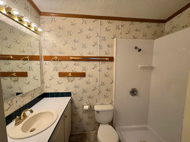 a bathroom with a granite countertop toilet and a sink
