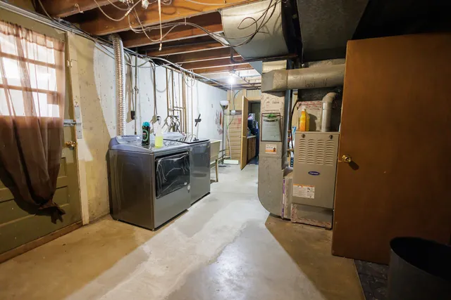 a view of a storage room with furniture