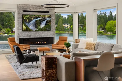 a living room with furniture a rug potted plant and a large window