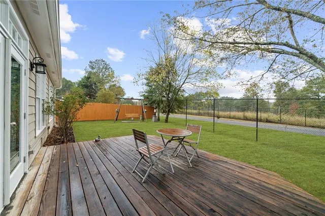 a garden view with a seating space