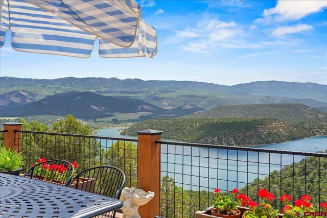 a view of a balcony with a potted plant and a book