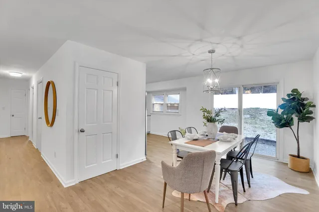 a view of a dining room with furniture and window