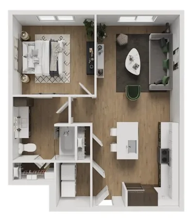 a living room with a table and a clock