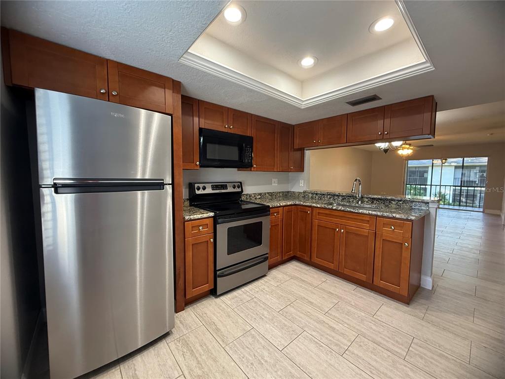 208 Palmetto Court, Unit 208 Oldsmar, FL 34677 - Photo 9 of 48 a kitchen with granite countertop stainless steel appliances and wooden cabinets