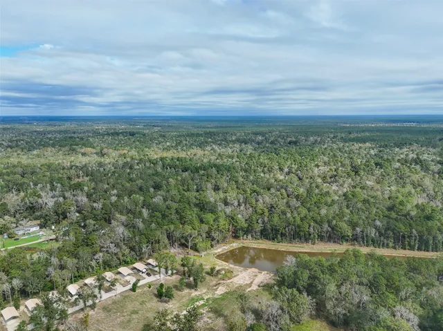 a view of a field with an ocean and trees