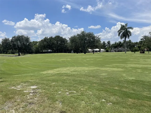 a view of a field with an trees in the background