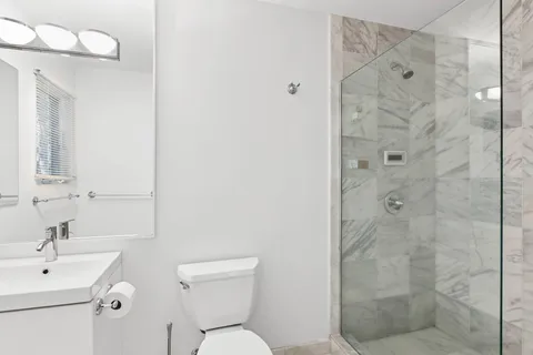 a bathroom with a shower sink mirror and toilet