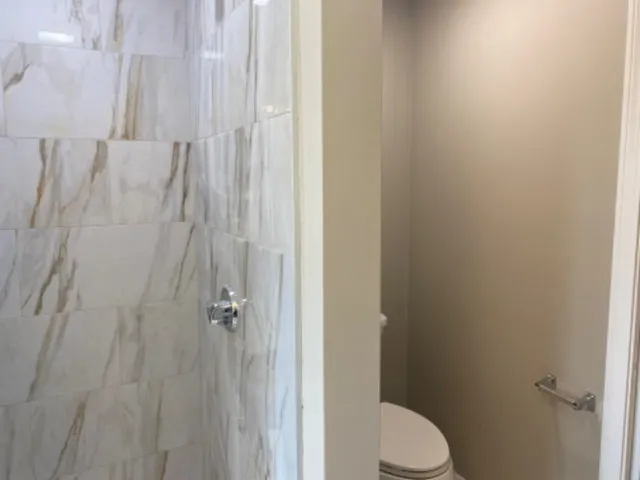 a bathroom with a toilet and shower