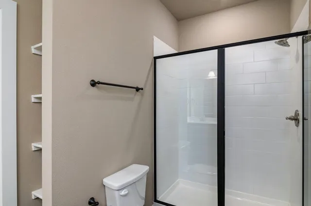 a bathroom with a shower and a toilet