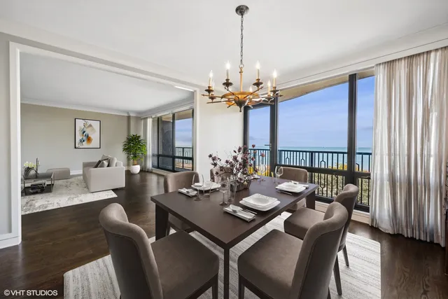 a view of a dining room with furniture window and outside view