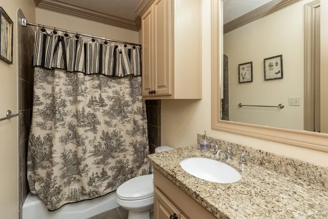 a bathroom with a granite countertop sink toilet and a mirror