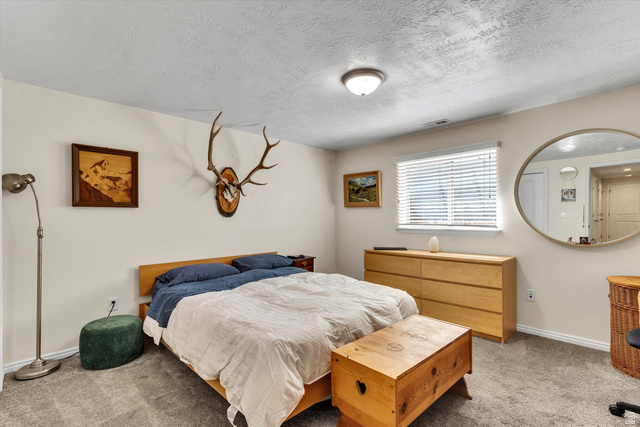 2863 Fallentine Road Sandy, UT 84093 - Photo 41 of 48 Bedroom featuring neutral wall paint, textured ceiling, a window with blinds, and gray carpeting
