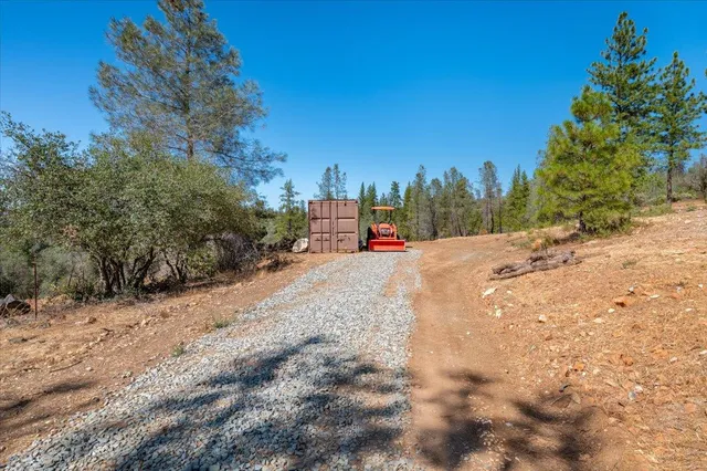 a view of the road with a trees in the background