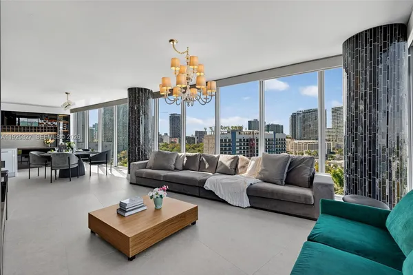 a living room with furniture and a large window