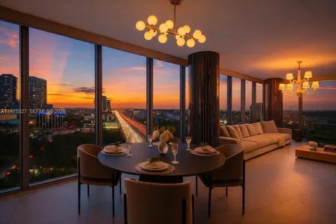 a view of a dining room with furniture window and outside view