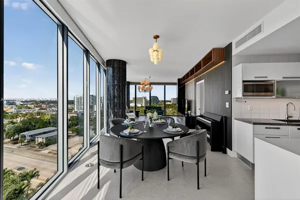 a view of a dining room with furniture window and outside view