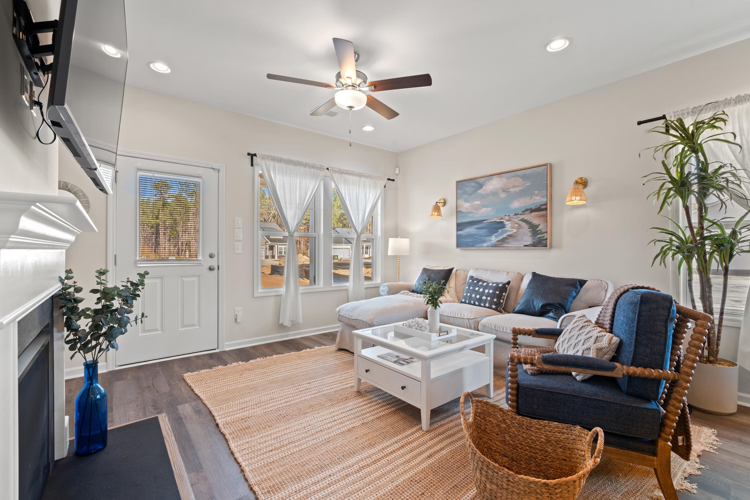 361 Palmetto Sand Loop Conway, SC 29527 - Photo 7 of 28 Living area featuring a fireplace with flush hearth, dark wood finished floors, a ceiling fan, and recessed lighting