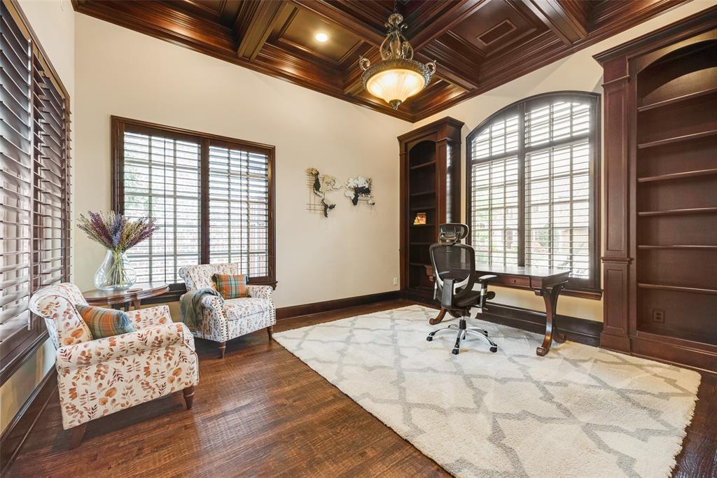 1909 Rising Star Drive Allen, TX 75013 - Photo 14 of 26 Office area featuring coffered ceiling, built in features, plenty of natural light, dark wood finished floors, and ornamental molding