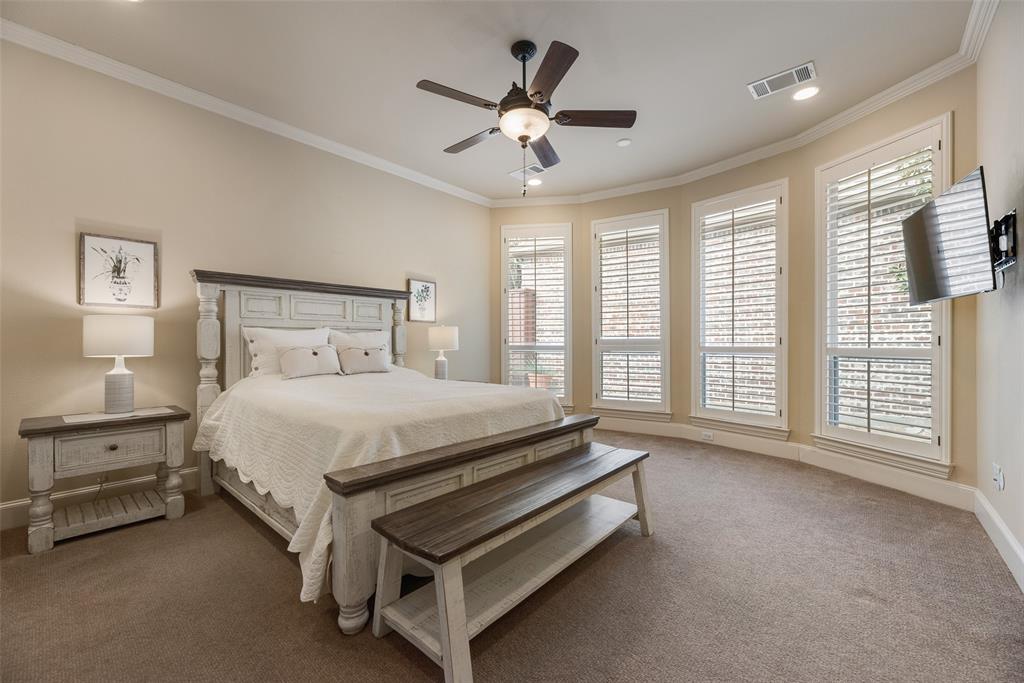 1909 Rising Star Drive Allen, TX 75013 - Photo 18 of 26 Carpeted bedroom featuring crown molding, ceiling fan, and recessed lighting