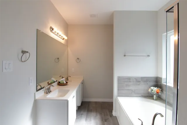 a bathroom with a sink mirror and tub