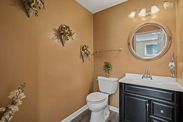 a bathroom with a sink mirror vanity and toilet