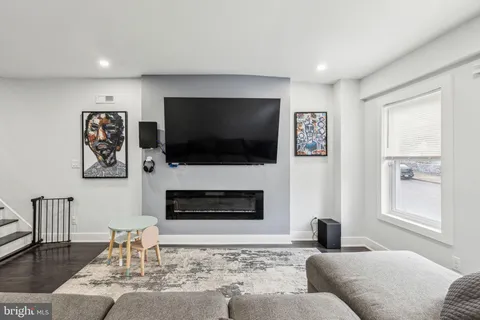 a living room with fireplace furniture and a flat screen tv