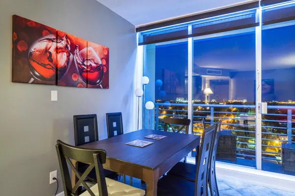 a view of a dining room with furniture