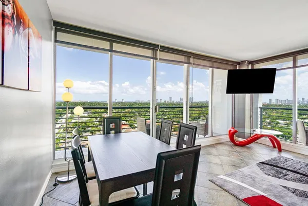 a view of a dining room with furniture window and outside view