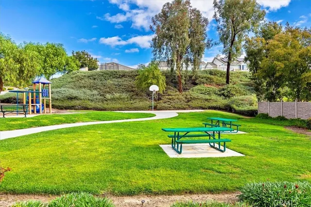 a view of a park with large trees