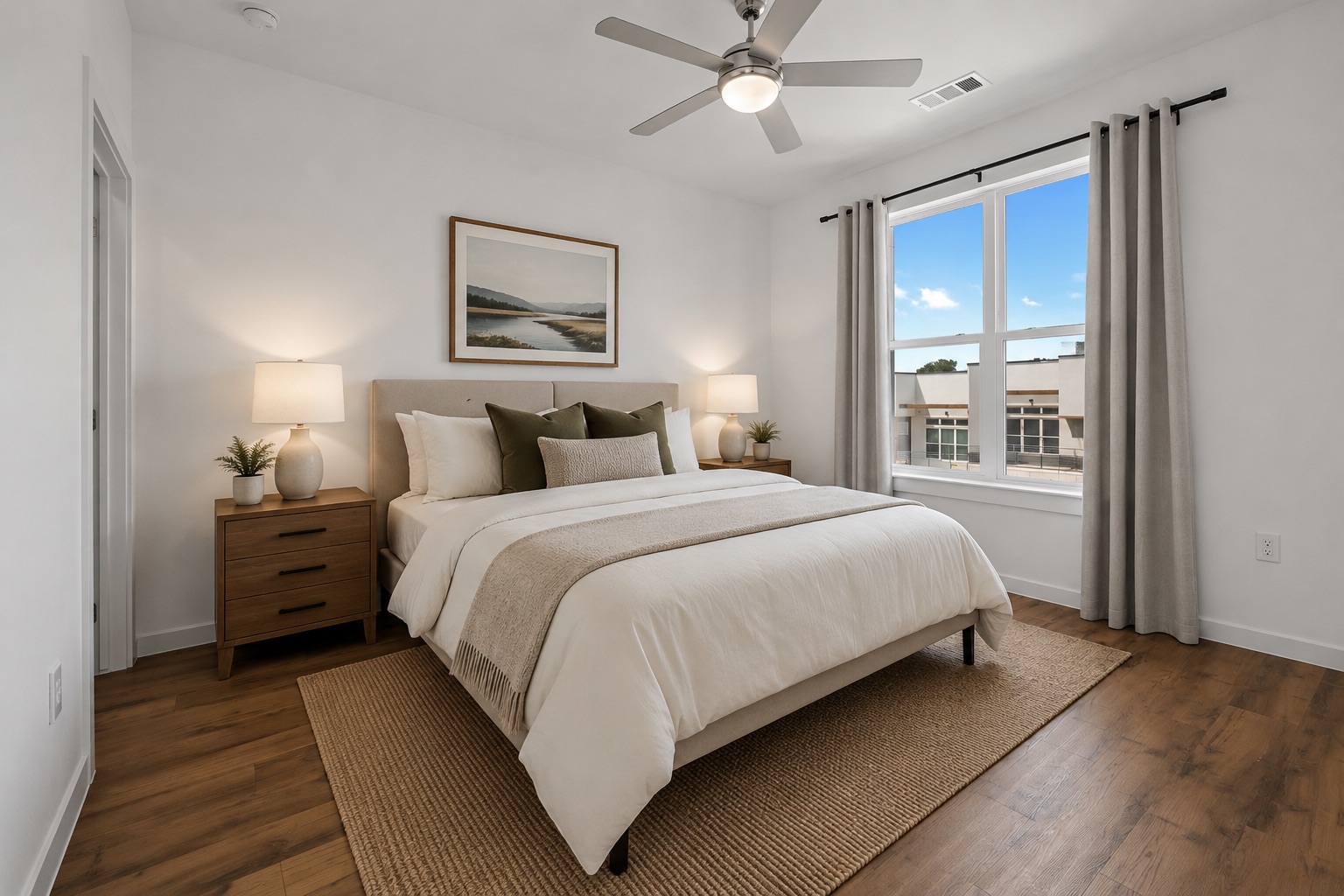 4801 Springdale Road, Unit 2301 Austin, TX 78723 - Photo 12 of 36 Well-lit sleeping quarters with rich wood flooring, large windows, and a ceiling fan for comfort.