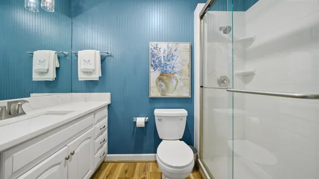 a bathroom with a toilet sink vanity shower and mirror