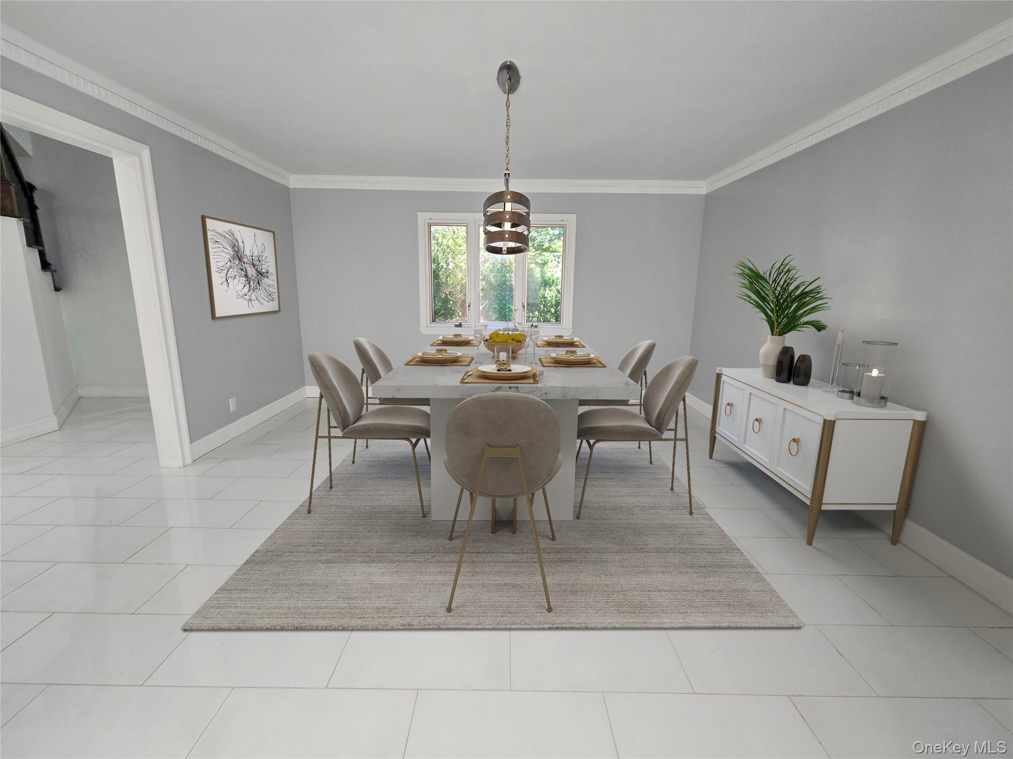 32 Valley Road Old Westbury, NY 11568 - Photo 15 of 45 Dining space featuring ornamental molding and light tile patterned floors