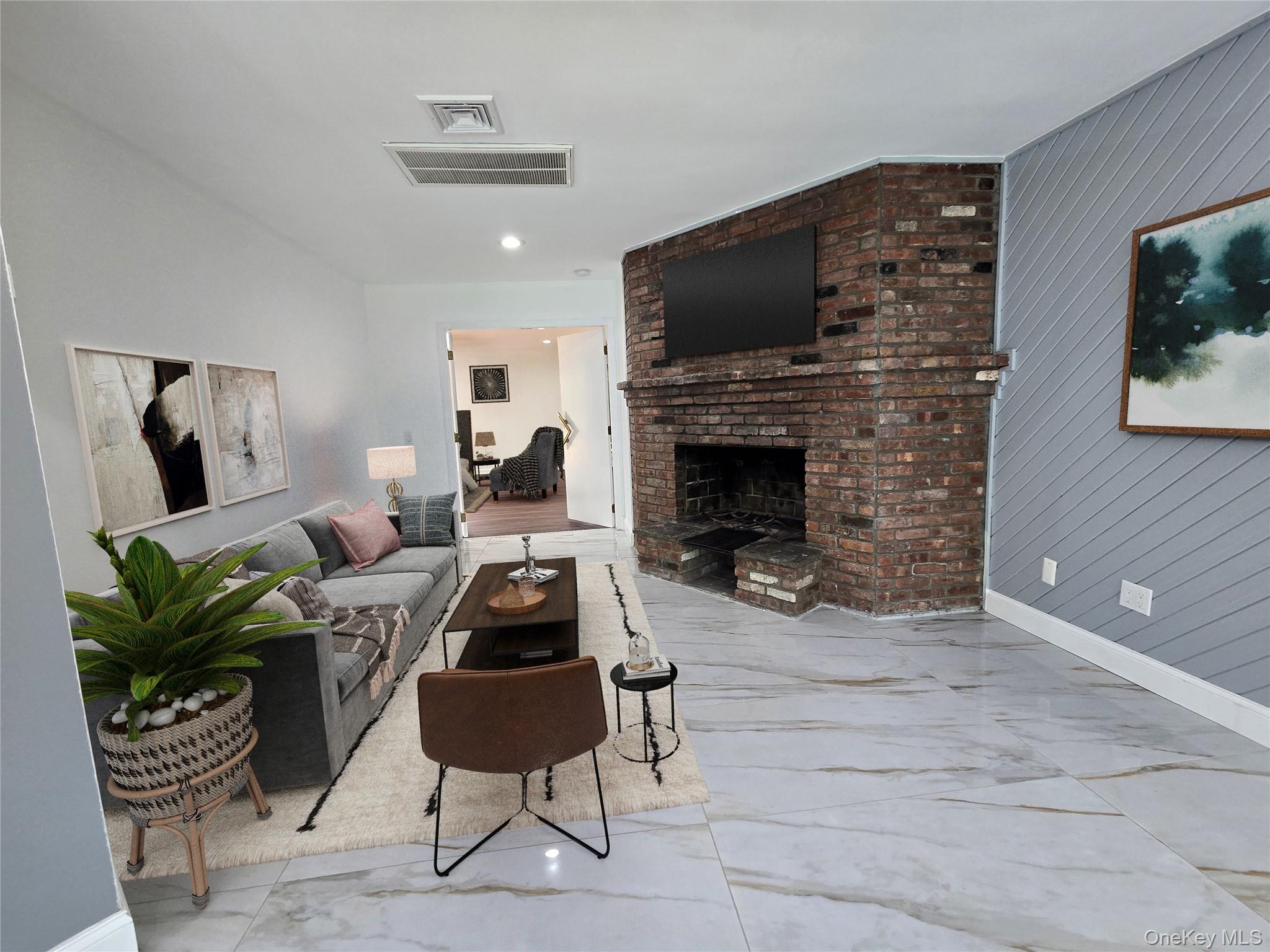 32 Valley Road Old Westbury, NY 11568 - Photo 38 of 45 Living room with light marble finish flooring, a fireplace, and wooden walls